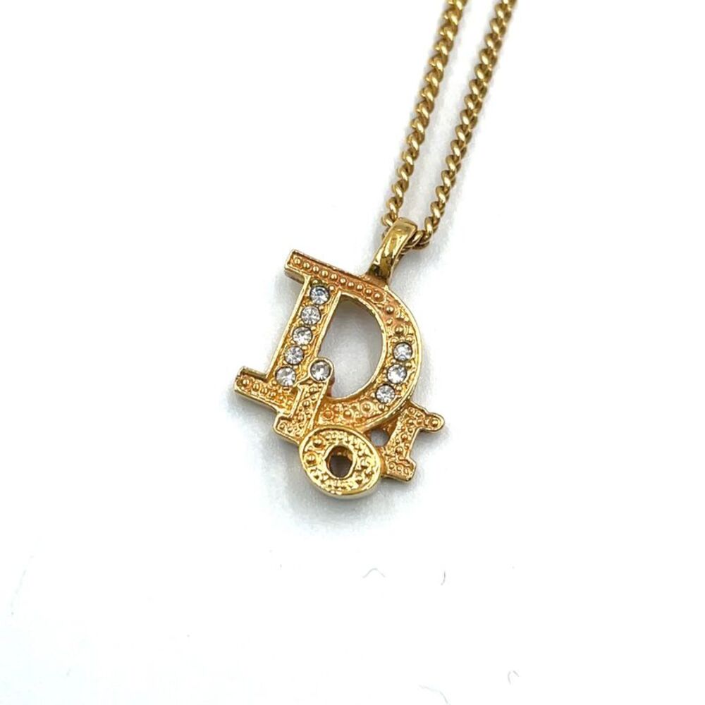 Christian Dior Rhinestone Logo Necklace Gold - Picture 1 of 8